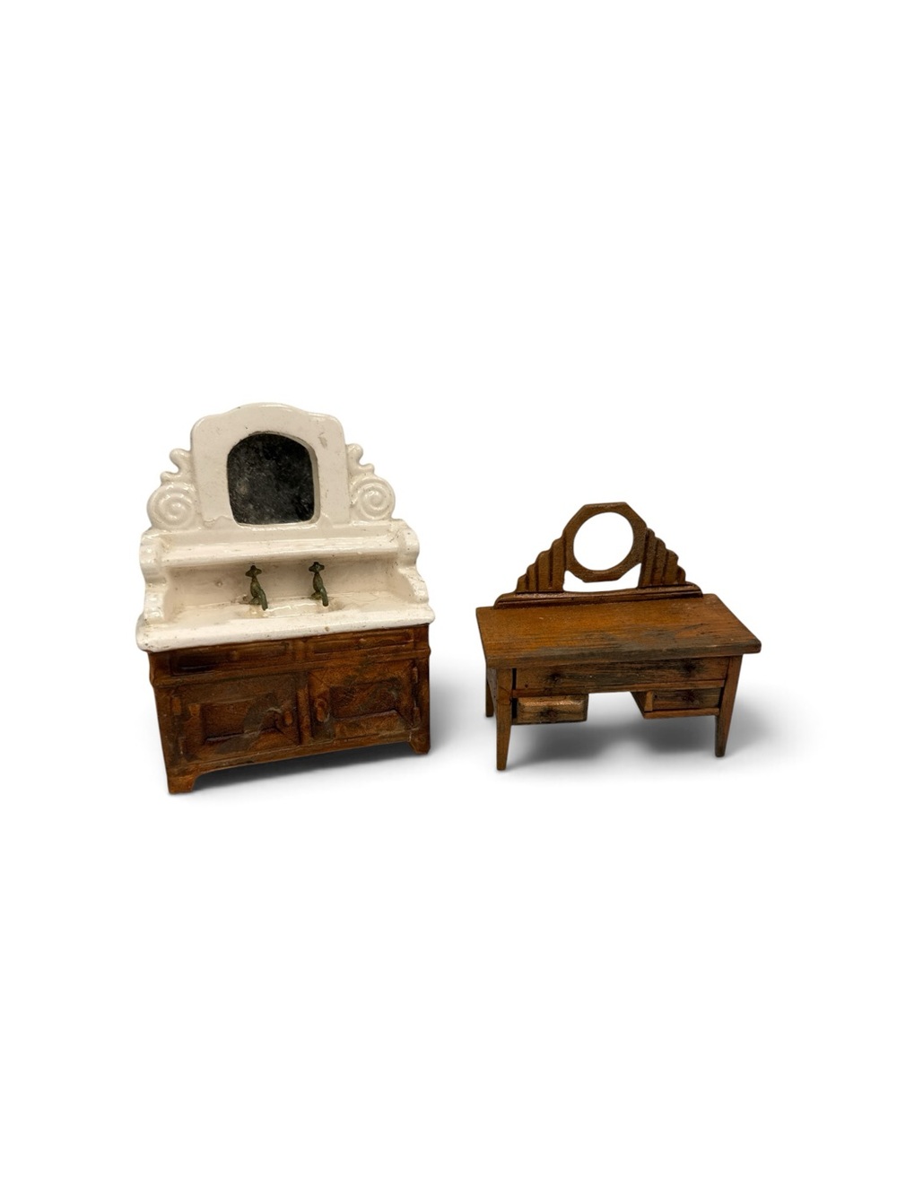Vintage Dollhouse Miniature Porcelain Sink & Wooden Vanity Mirror Set